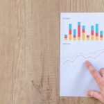 Hand analyzing business graphs on a wooden desk, focusing on data results and growth analysis.